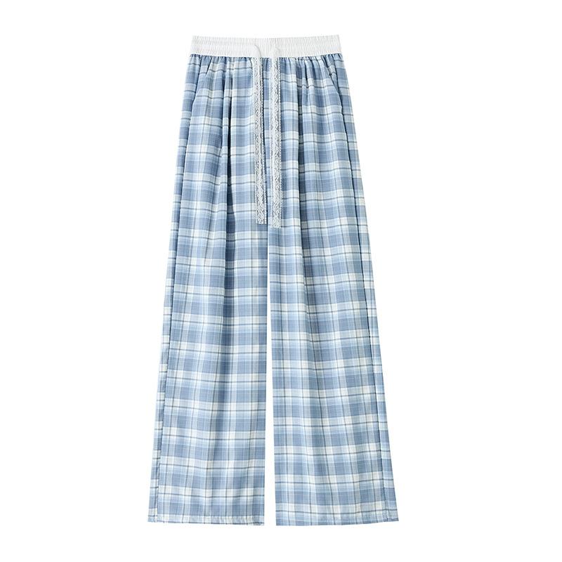 Lace Drawstring Plaid Wide-leg Pants for Women In Spring and Summer High Waist Drooping Lazy Style Loose Casual Floor Pants