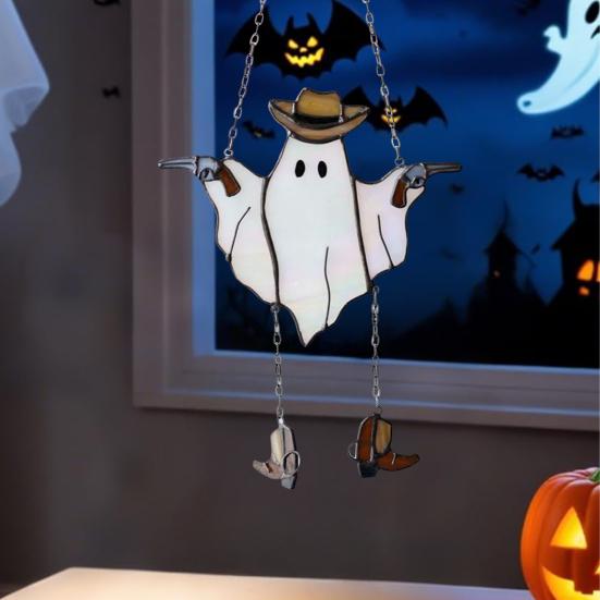 Halloween Ghost Suncatcher Stained Glass Acrylic Window Hanging Light Catcher Cute Cowboy Ghost Decoration for Home Office Kitchen Living Room Wall