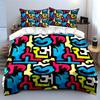 3Pcs Multicolor Graffiti Cartoon Letter Bedding Set,Black Base Abstract Tag Print Duvet Cover 2 Pillowcases Single Double,Gift