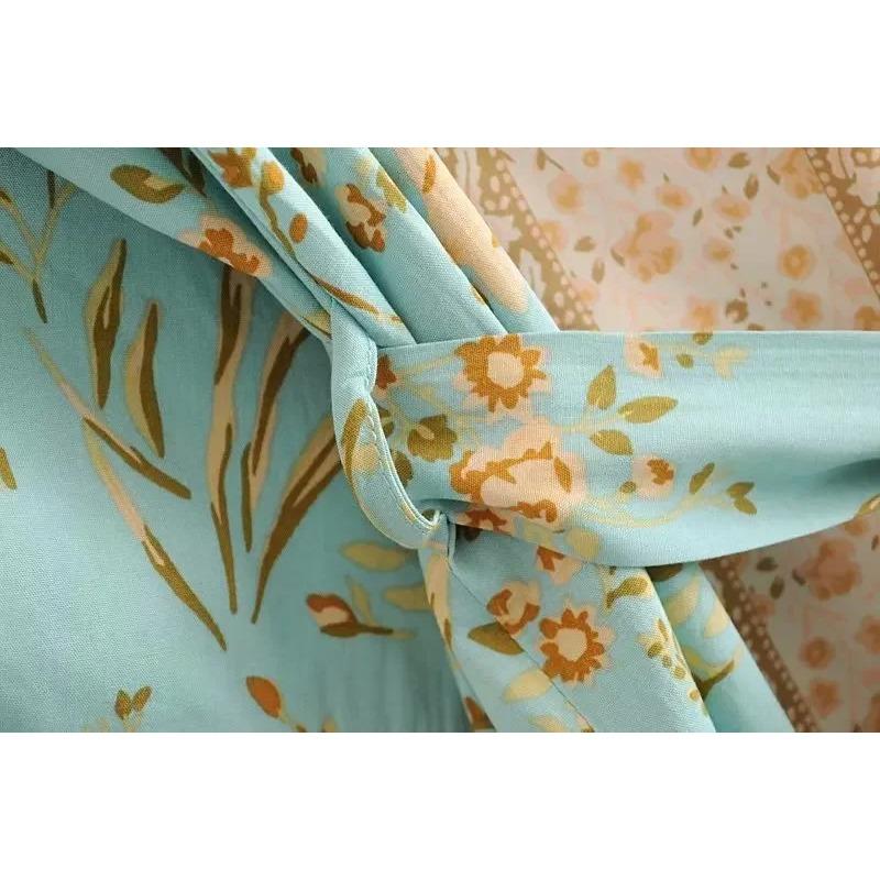 Moda Donna Stampa Floreale Verde Manica a Pipistrello Rayon Spiaggia Boemo Kimono Scollo a V Da Donna Robe Boho