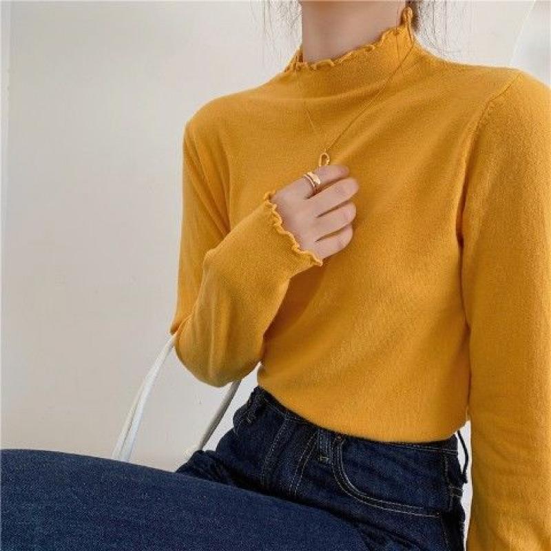 Apricot Semi-turtleneck Bottoming Shirt for Women with Autumn and Winter Fungus Edge Top, White Semi-turtleneck Core-spun Yarn Knitting