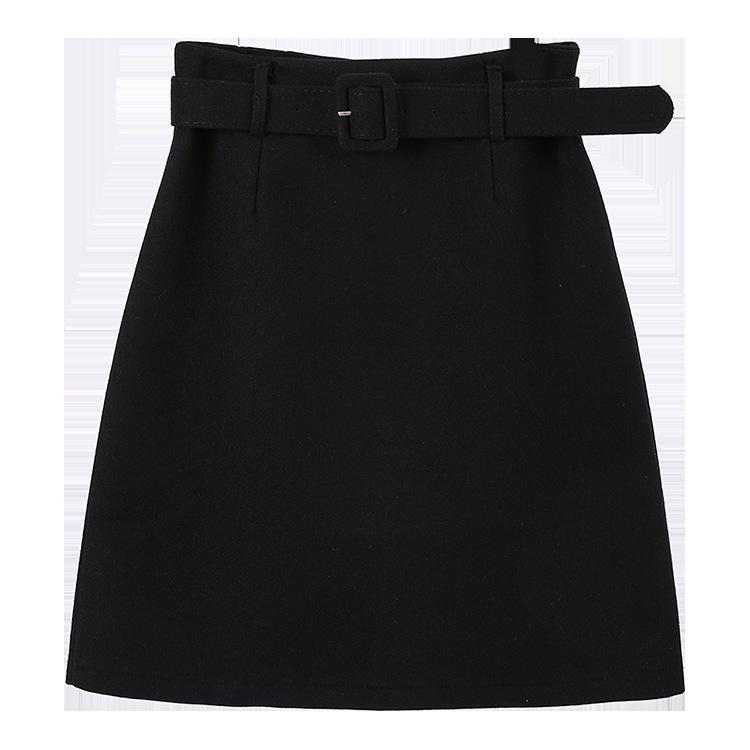 Fei Yuan Korean Style High-Waisted Woolen Midi Skirt with Belt - Women s Autumn/Winter A-Line Bodycon Skirt, Solid Color Extra Large чёрный