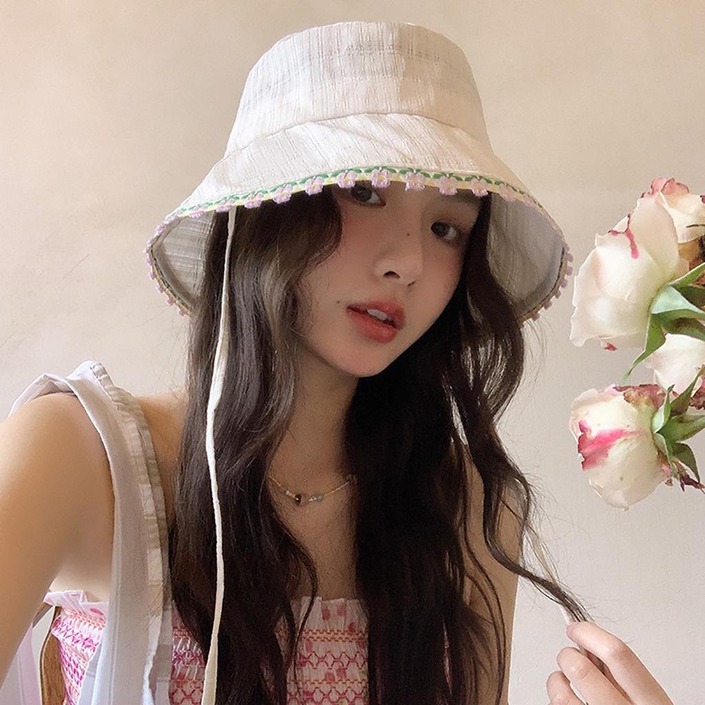 Lace Flower Brim Bucket Hat for Women Summer Wide Brim Sunshade Solid Color Lace-Up Basin Cap Girls Casua Outdoor Hat