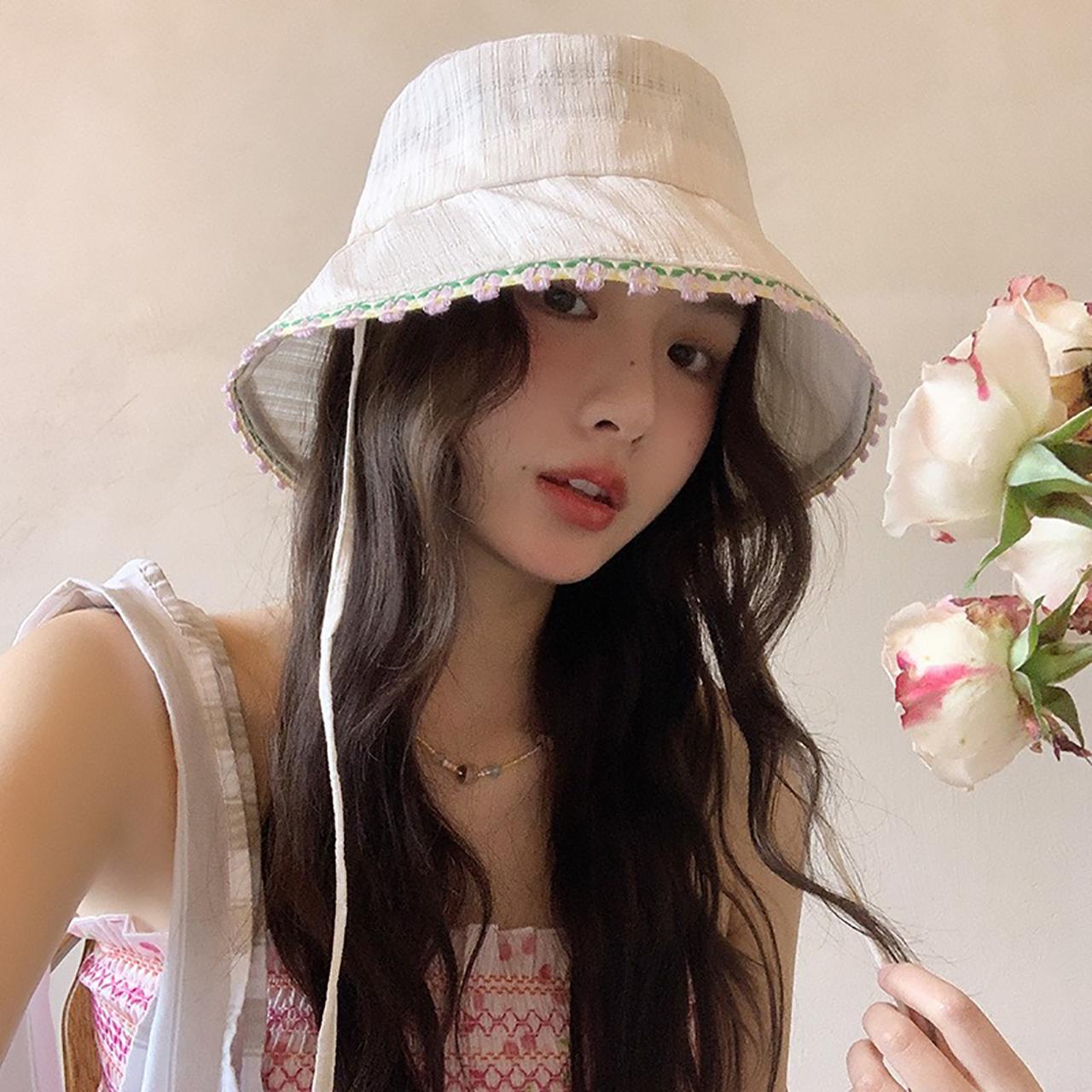 

Sweet Lace Flower Fisherman Hat for Women Spring Summer Solid Color Wide Brim Sunshade Lace-Up Basin Cap Korean Girl Outdoor Hat бежевый