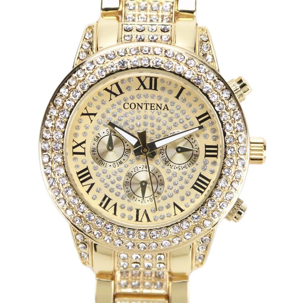 Luxury Gold Watch for Women Geneva Brand New Ladies Quartz Watch Full Stainless Steel with Rhinestones Elegant Wristwatch G
