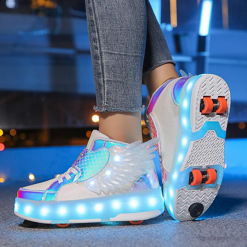 Kid's Four-wheel Detachable Flat Shoes Rechargeable LED Luminous Sports Shoes with Wings Children's Skates with Brakes Roller Skates sneakers