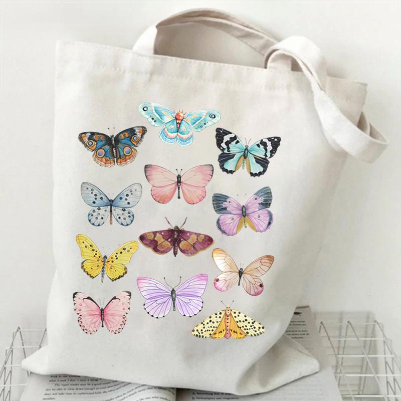 Fancy Style Studio Bloemvlinder Design Canvas Boodschappentas Hete Verkoop Mode Herbruikbaar Dames Tote Bags Vlinder Liefhebber Opvouwbare Boodschappentassen