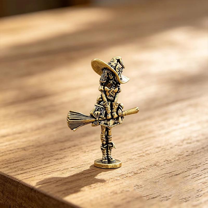 Brass Broom Witch Figurine With Retro Design Durable Material Home Desktop Decor Halloween Ornament
