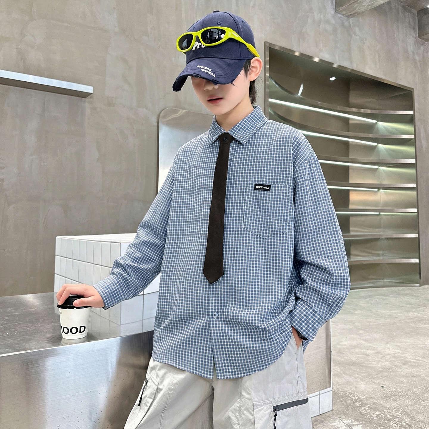 Boys Blue Plaid Long-Sleeve Shirt - Versatile Spring/Autumn 2026 Casual Top 120 cm