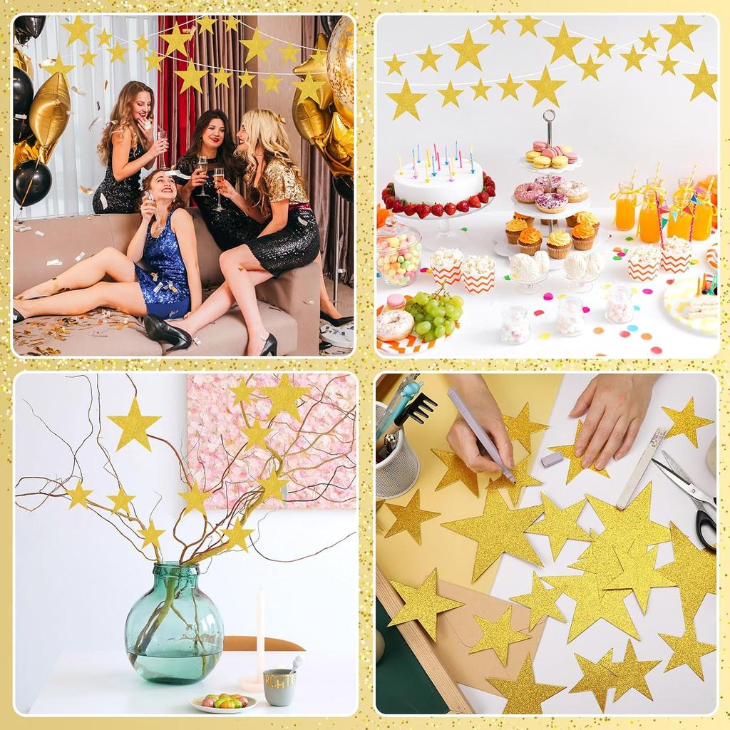 JUNEBRUSHS 90Pcs Star Cutouts, Double Printed 3 Sizes Gold Glitter Star Paper Cutouts for Bulletin Board Classroom Wall Decorations