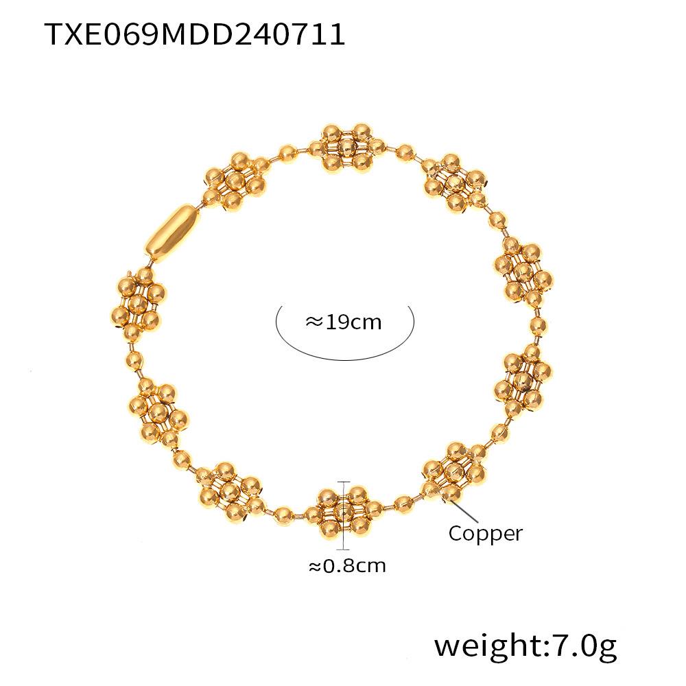 Korean Style Clavicle Necklace & Bracelet Set: Round Bead Patchwork, Simple Copper Design, 18K Gold Plated.