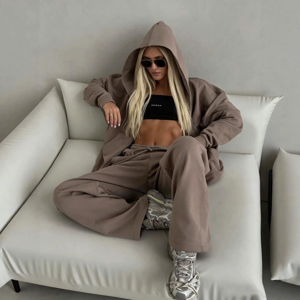Women's new zipper hooded sports cardigan lace-up trousers two-piece casual suit