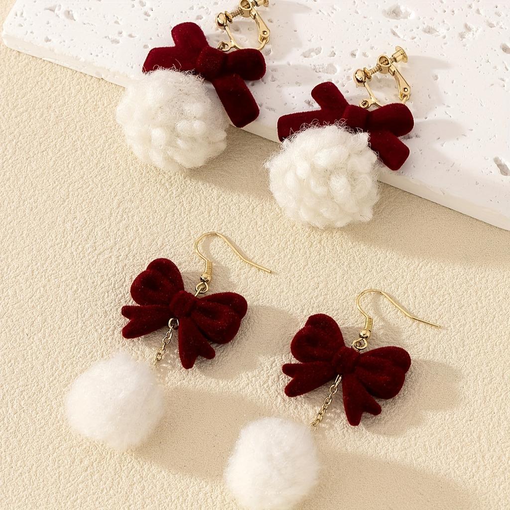1 pair of retro red bow flocked earrings hairball tassel long pendant light luxury small fragrant style earrings