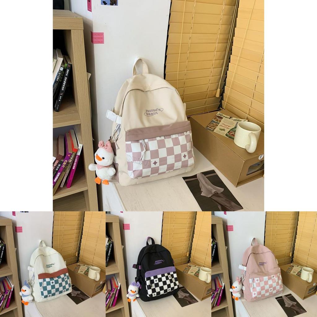 Simplified Checkered Letter Pattern Student Backpack With Plush Pendant For Middle School Students
