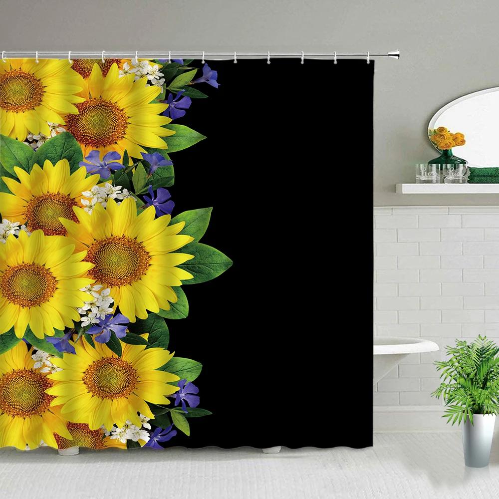 Sunflower Flower Wood Grain Plant Scenery Bathroom Shower Curtain Cactus Butterfly Bee Floral Landscape Bath Curtains With Hooks