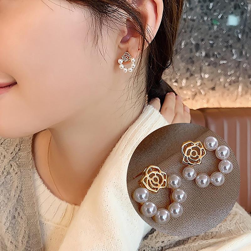 1Pair Korean Style Simple Temperament Flower Pearl Circle Earrings All-Match Small Earrings For Women Exquisite Jewelry