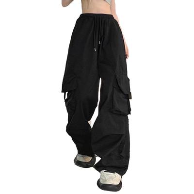 Women Pants Elastic Waist Adjustable Drawstring Wide Leg Casual Trousers Multi Pockets Design Cargo Pants