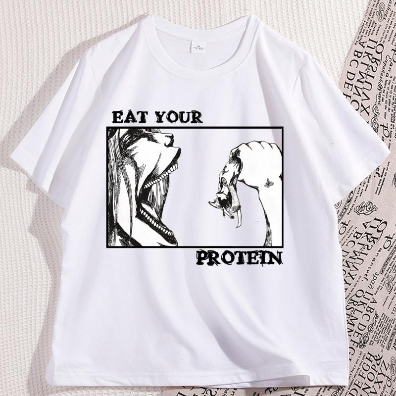 Eat Your Protein Anime TShirt for Men Women Casual Soft Oneck Short Sleeve Tshirt Man Clothing Y2k Streetwear Ropa Hombre