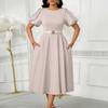 Women's Summer Fashion Bubble Sleeves Elegant High Waist Solid Color Round Neck Large Skirt Dress