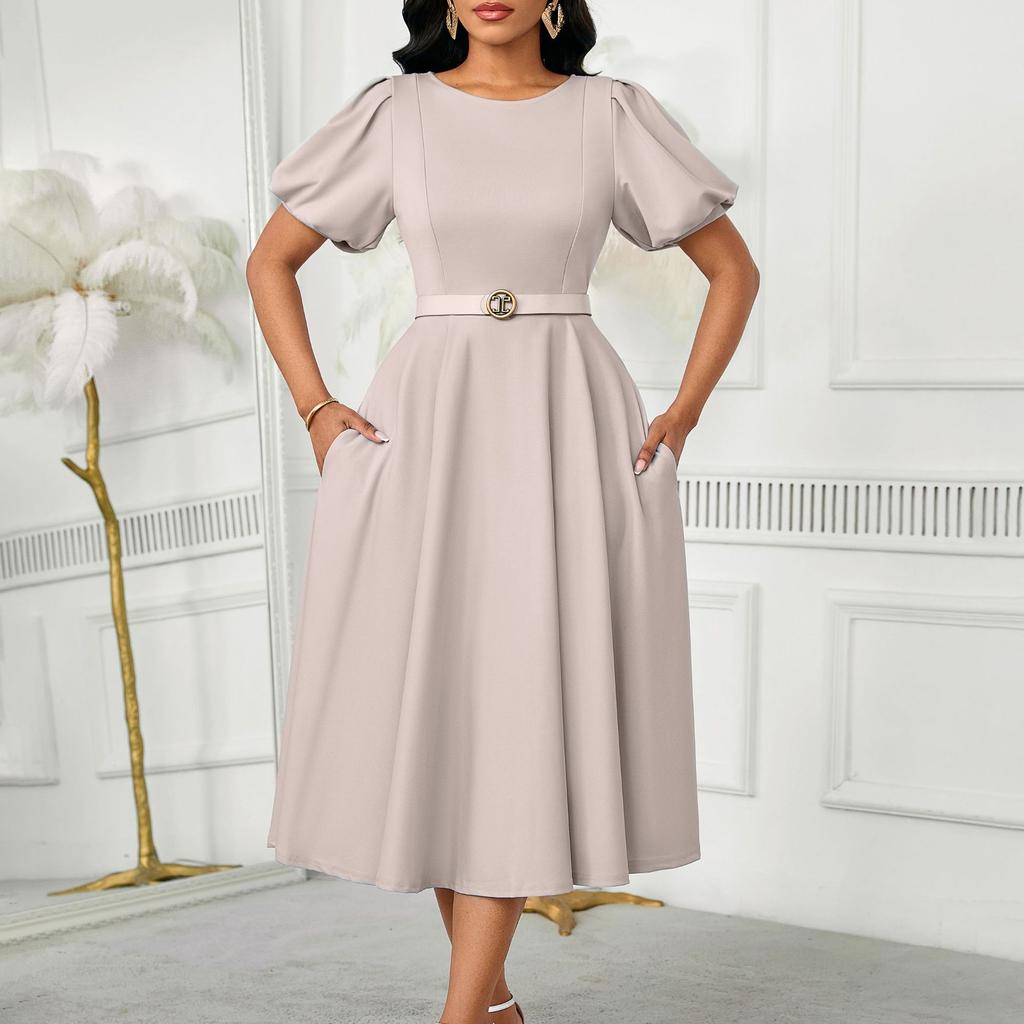 Women's Summer Fashion Bubble Sleeves Elegant High Waist Solid Color Round Neck Large Skirt Dress