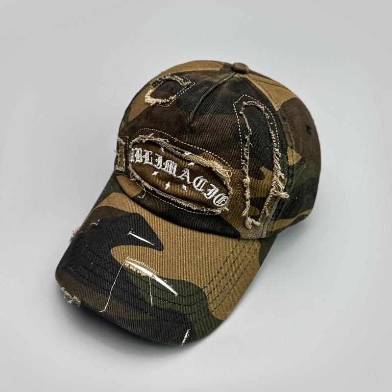 Vintage Embroidered Sanskrit Baseball Cap Distressed Camo Sun Hat Street Style