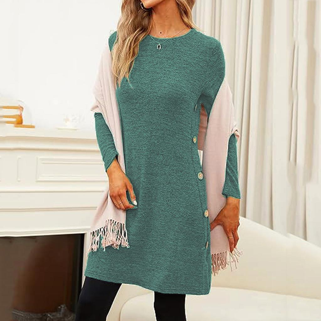 Damen Freizeitkleid Rundhals Saumschlitz Langarm