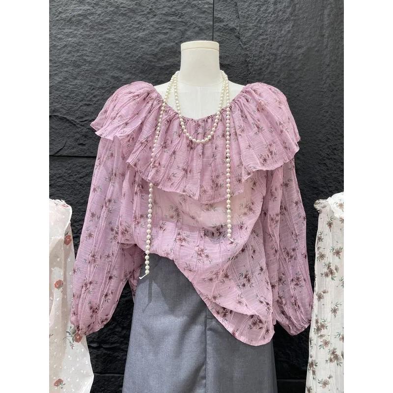 Женская весенняя блузка с цветочным принтом, оборками, свободная, прозрачная шифоновая, с пышными рукавами S