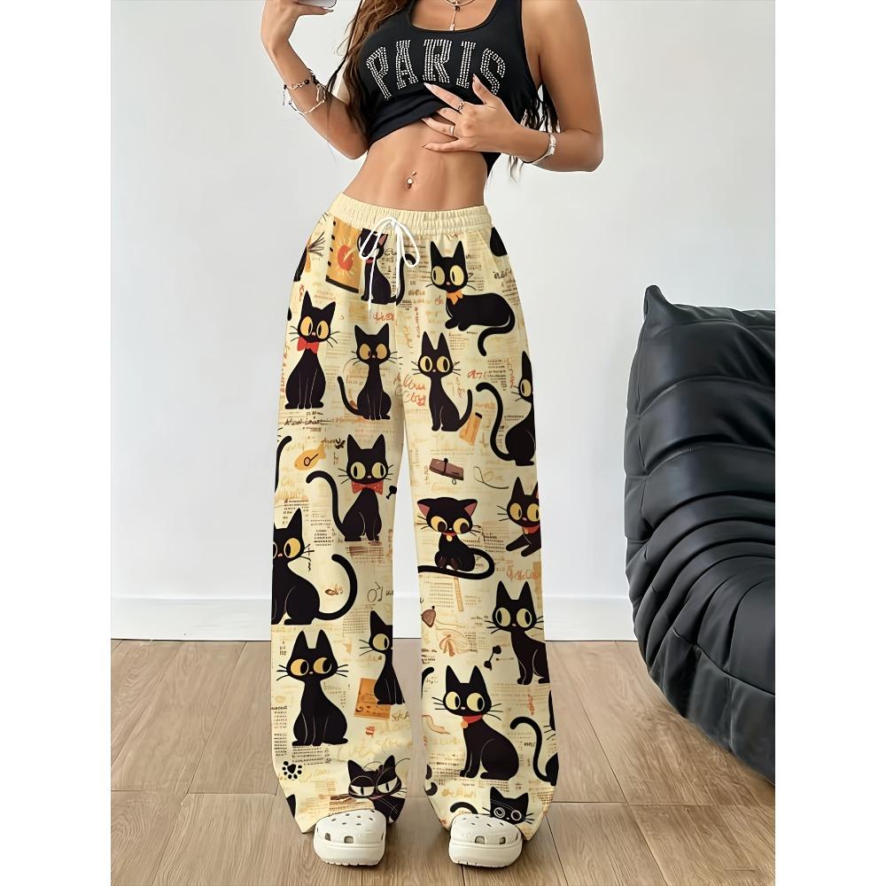 Women's fashion casual wide-leg pants cartoon black cat print slogan trousers drawstring elastic waist sweatpants