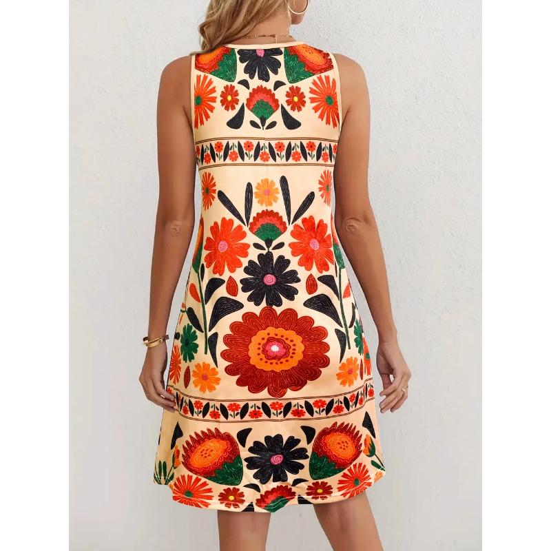 Women’s Sleeveless Boho Floral Dress Colorful Flower Print Mini Dress Casual Summer Beach Festival Outfit Y2k Ladies Clothes Top