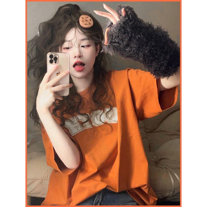 

European Goods Big Brand Orange Short Sleeve T-Shirt Women s New Arrival Loose K-style Mid Length Long Length Pure Cotton Casual Tops 2024 Orange 2XL