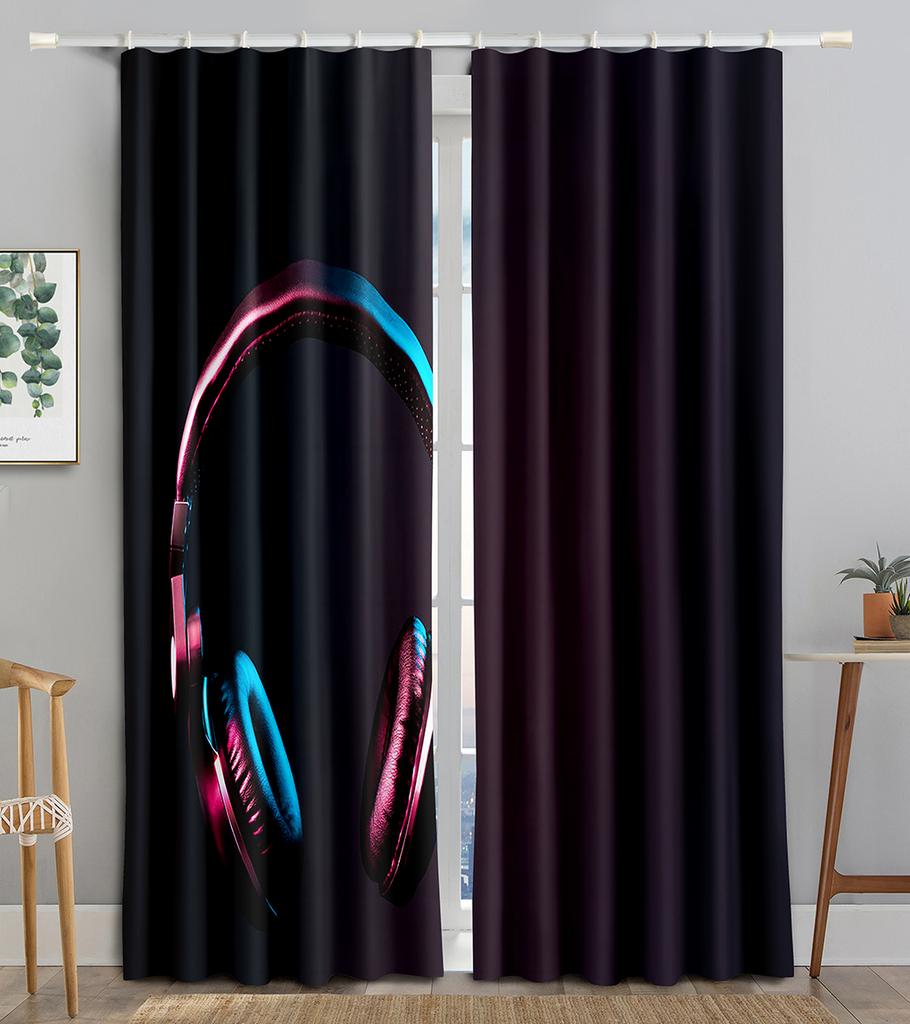 Earphone Music Red Heart Pink WaveBlackout Window Curtain for Living Room Bedroom Bathroom Kicthen Door Cupboard Decor Hooks
