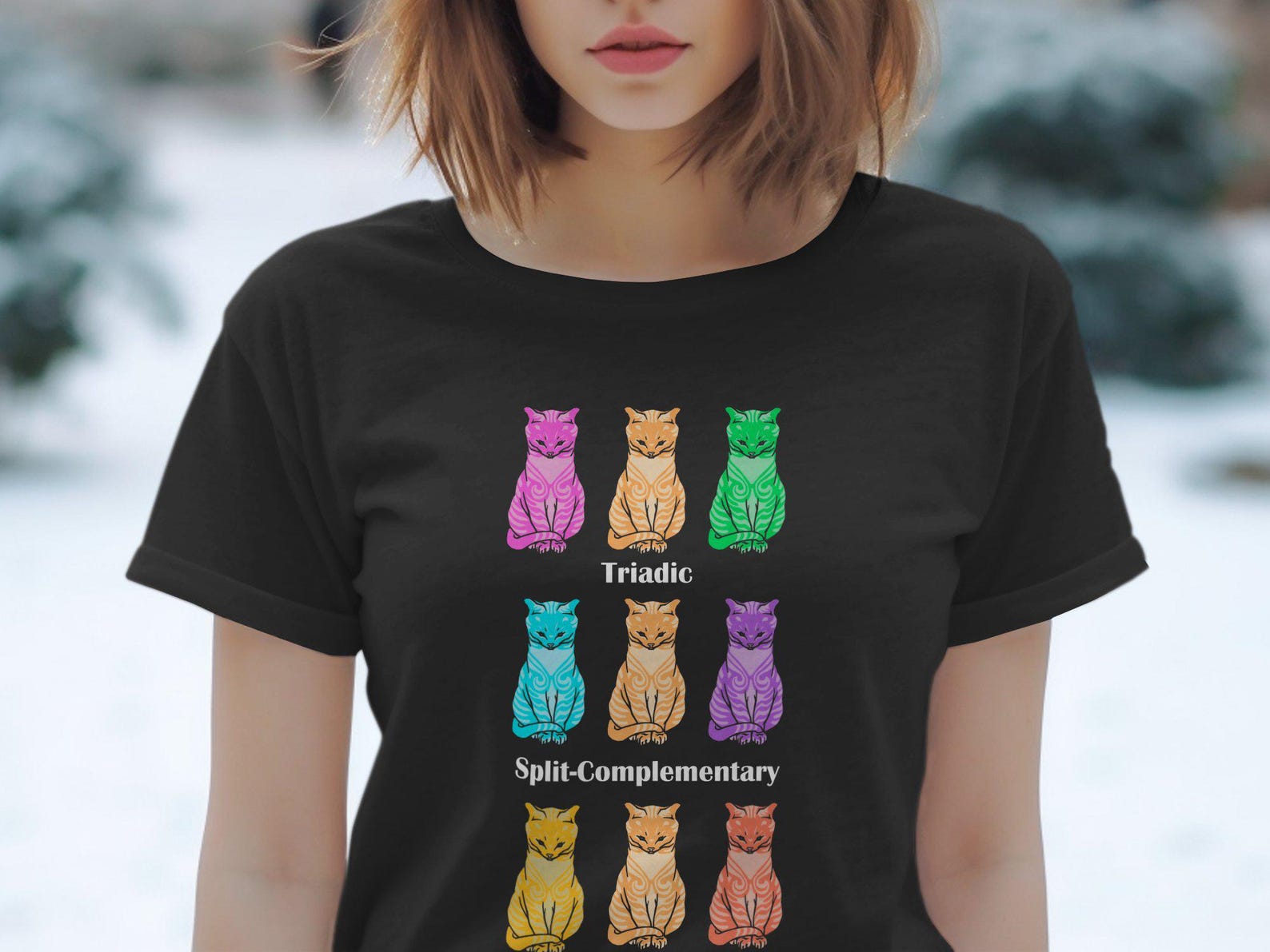 Colorful cat design T-shirt, Artistic cat graphic tee, Unique animal print shirt, Vibrant feline art, Trendy casual wear 3XL