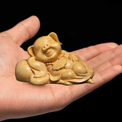 Wooden Piggy Decorate Animal Small Statue Solid Wood Carving Zodiac Pig Cute Home Room Office Desktop Ornaments