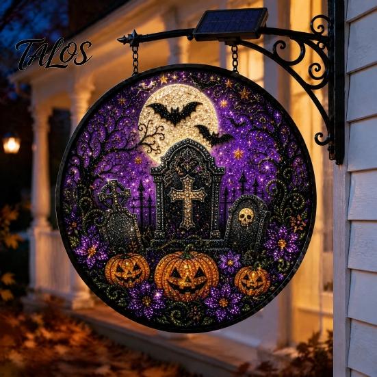 Creative Halloween Gift for Home Solar Powered Hanging Light, Skull Witch Black Cat Cemetery Zombie Design LED Light Ghost Pumpkin Lanterns