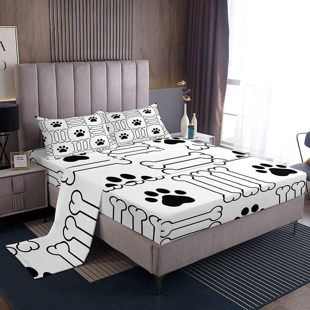 Dog Footprint Bone Pattern Bed Hat Four-piece Bedding Set Bedroom Dormitory Bedding Decoration