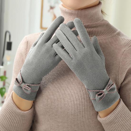 1 Pair Soft Gloves Anti-static Full Finger Cover Elegant Bow-know Plus Velvet Inside Gloves for Lady Winter