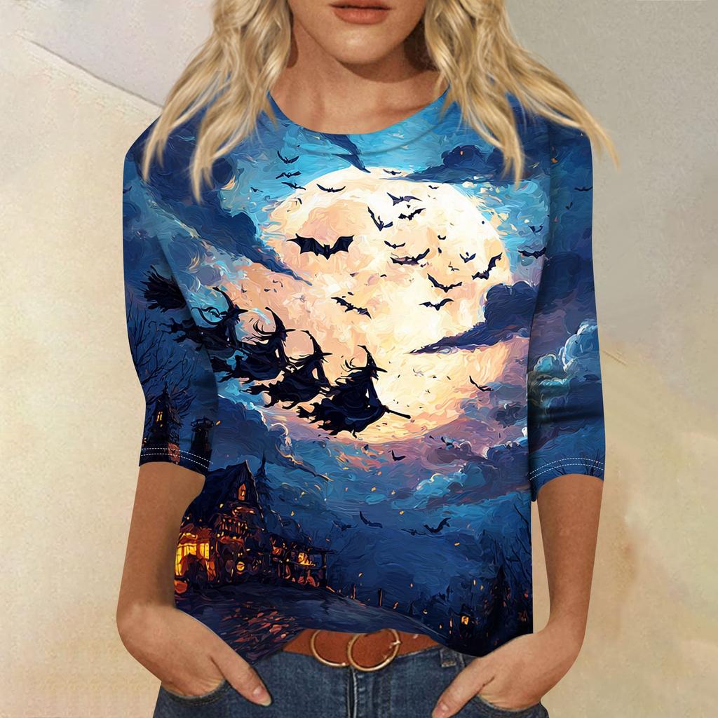 Women's Casual Halloween Print Round Neck Top Three Quarter Sleeve Lightweight Comfortable Street Style Shirt