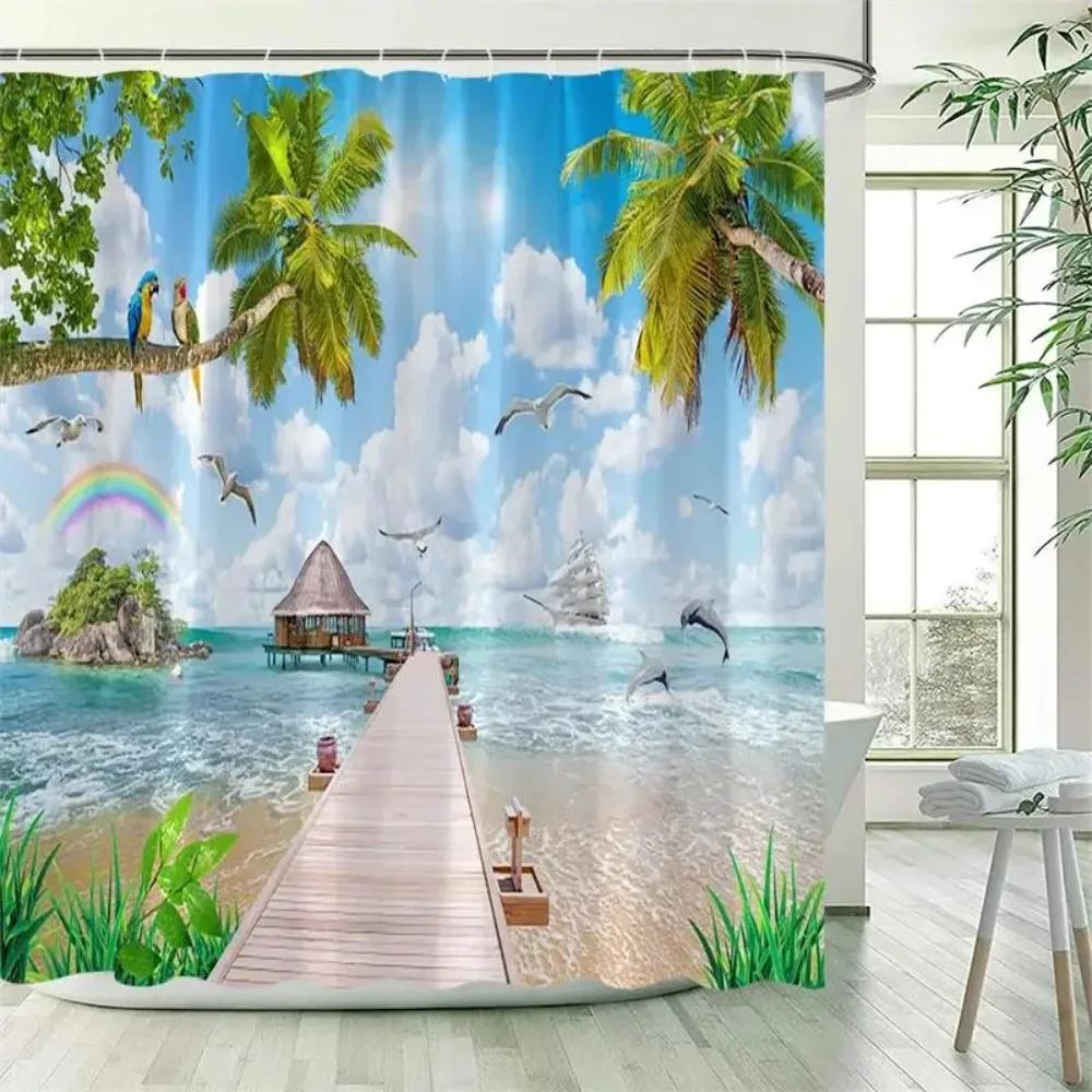 Zasłona prysznicowa Ocean Landscape Beach Palm Trees Papugi Delfiny Fale morskie Krajobraz natury Zasłony do kąpieli Tkanina Wystrój łazienki