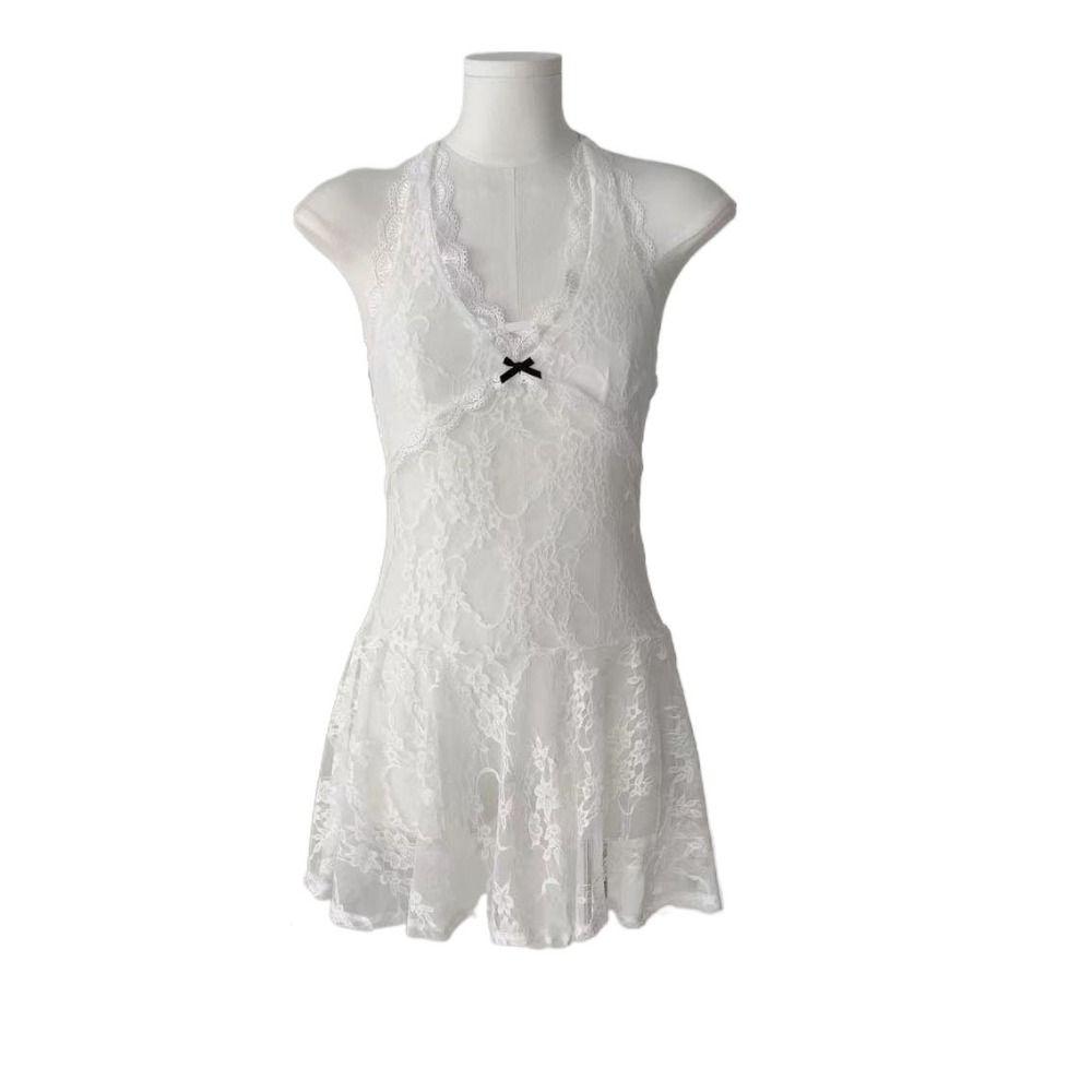 V-neck Lace-up Short Skirts Transparent Dresses Women Fashion Lace Halter Dress For Girls