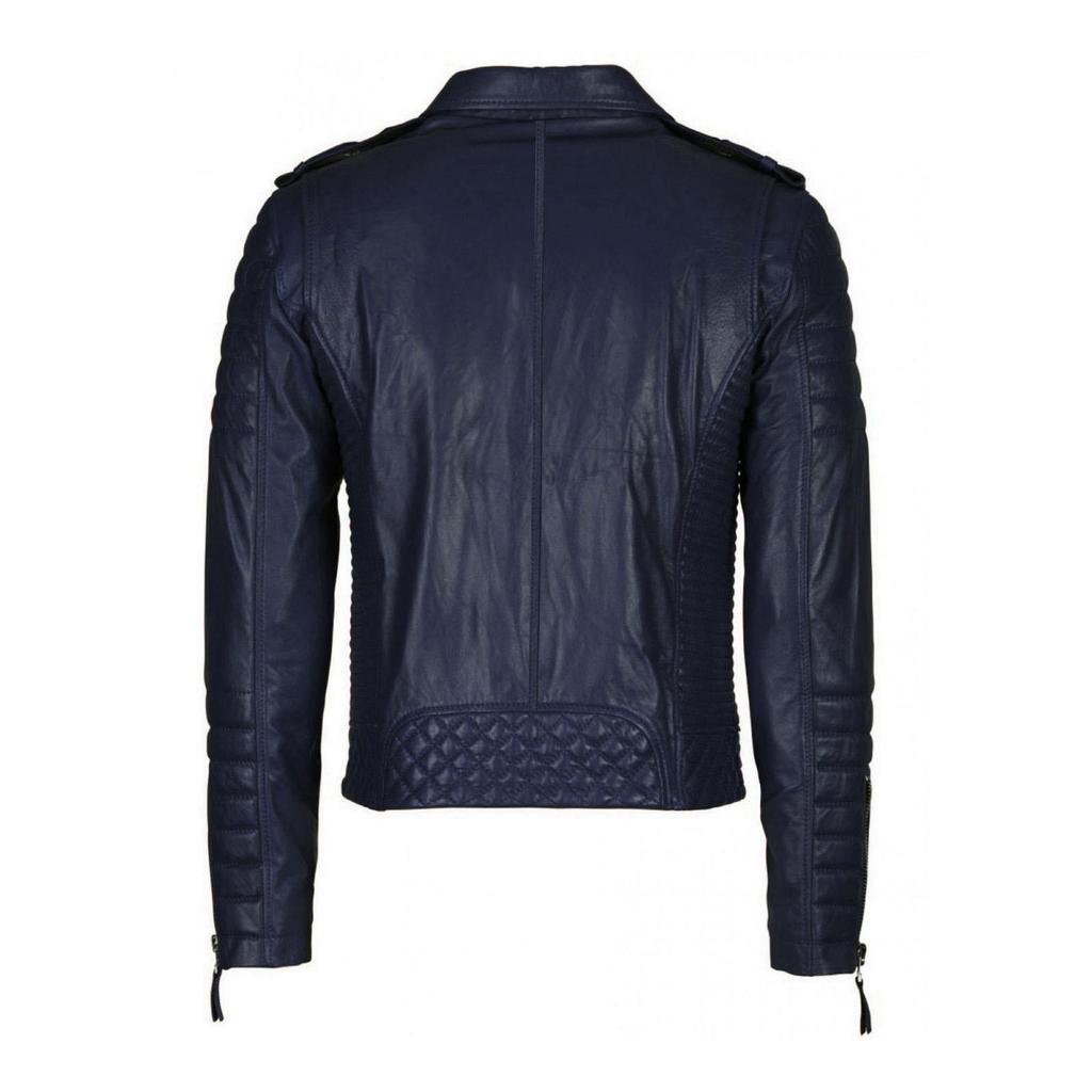 SKINOUTFIT Men Motorcycle Leather Jacket Genuine Blue Lambskin Café Racer Biker Outerwear