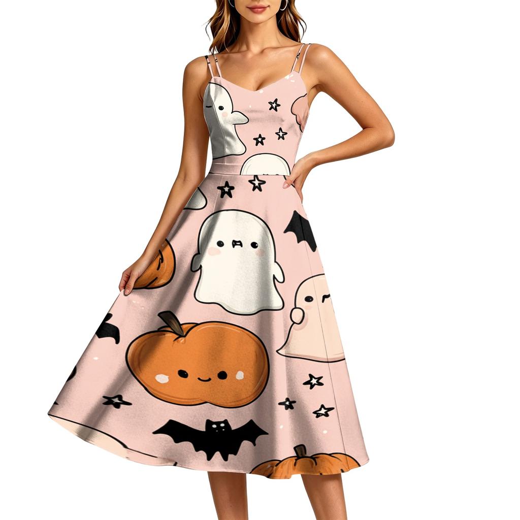 Women's Casual Halloween Print Round Neck Sleeveless Dress for Holiday Party