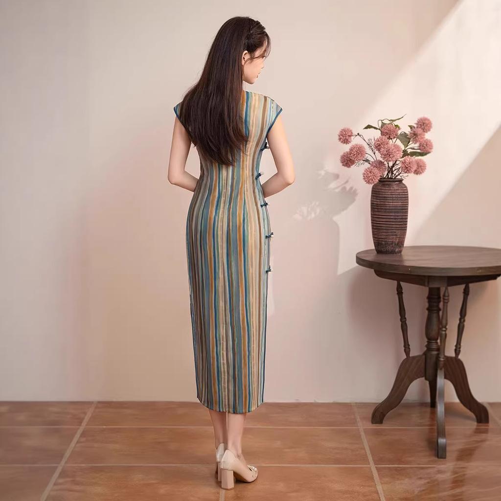 1011 summer new fashion improved retro color striped young old Shanghai Republic of China style women's cheongsam skirt