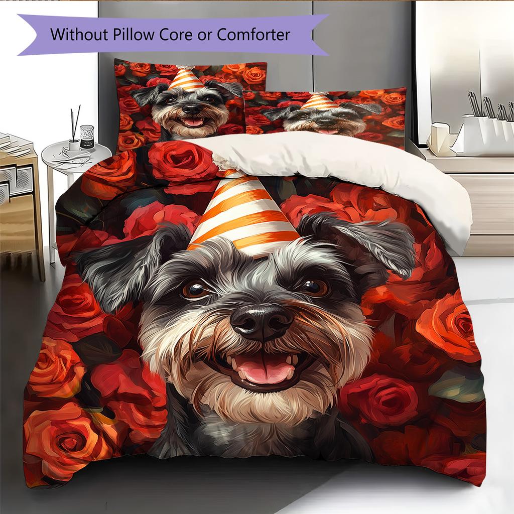 Dog with Birthday Hat Pattern Bedding Quilt Set Home Decoration Gift (1 * duvet cover + 2 * pillowcase without core)