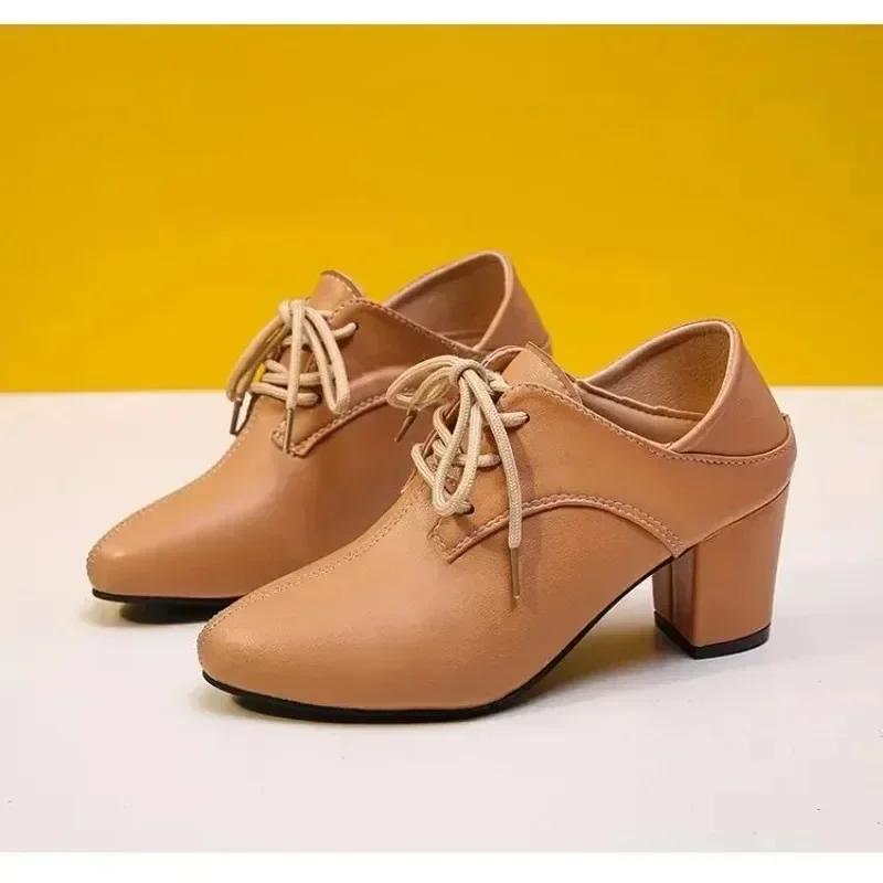 Fashion Ladies High Heels 2024 New Temperament Pumps Lace Up Hollow Breathable Low-top Shoes Round Toe Talon Femme Retro Zapatos Mujer