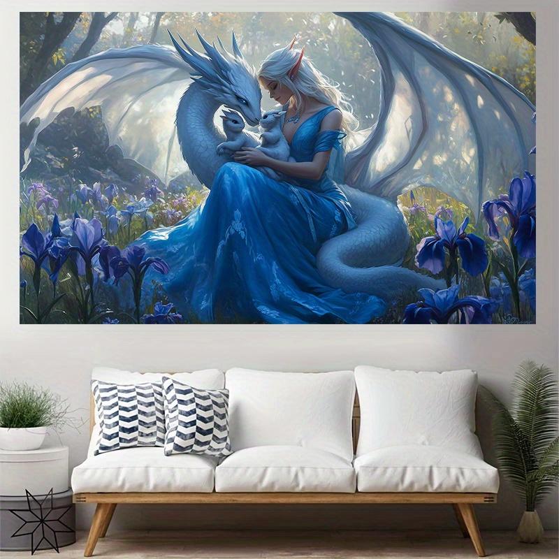 1pc Enchanted Dragon Fairy Tale Princess Tapestry Magical Forest Purple Flowers Wall Hanging for Home Party Photo Backdrop 74x94cm(29x37in)