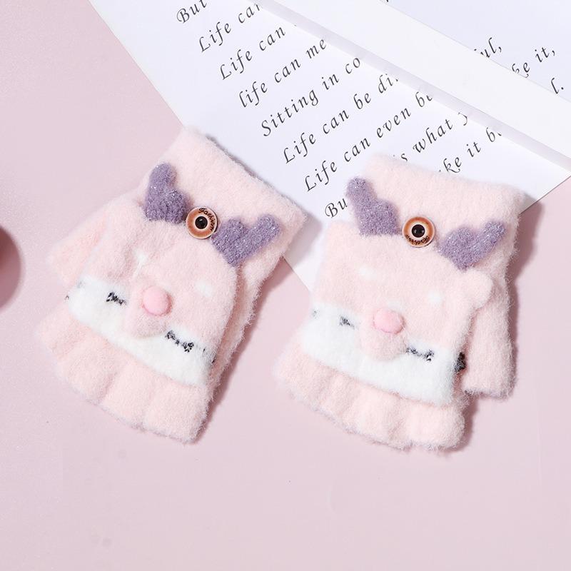 Winter knitted flip half-finger gloves jacquard deer imitation mink cover gloves baby warm back cover gloves