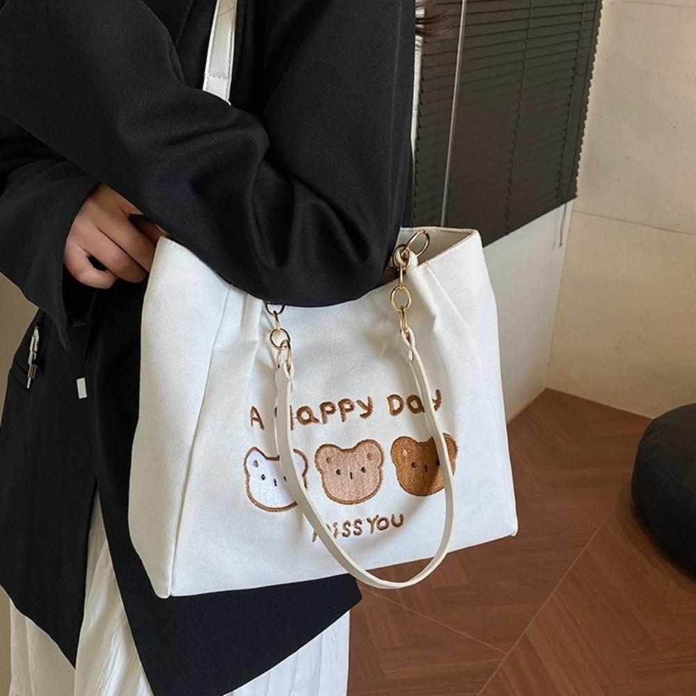 Printed Cartoon Tote Bag Korean Style Canvas Handbag Temperament Bear Shoulder Bag Office Worker