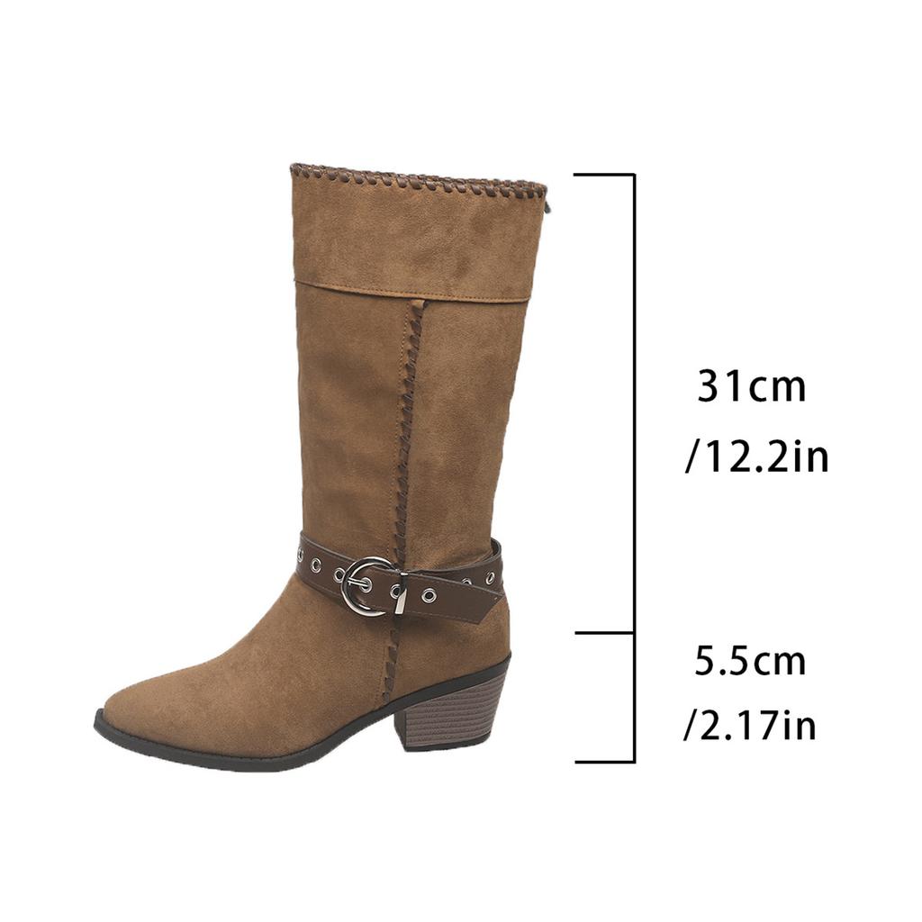 Fashion Belt Buckle High Heel Western Mid-Calf Boots Women 2025 Autumn Winter Suede Vintage Knight Boots Size 35-42 Bottes Femmes Black