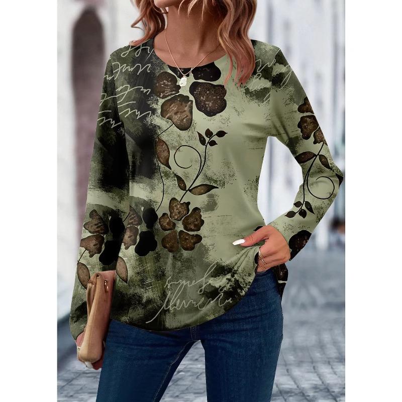 Round Neck 3D Flower Print Elegant Casual Long Sleeved Women's T-shirts - Soft Medium Stretch Polyester Fabric Spring and Autumn Relaxed Fit Clothing