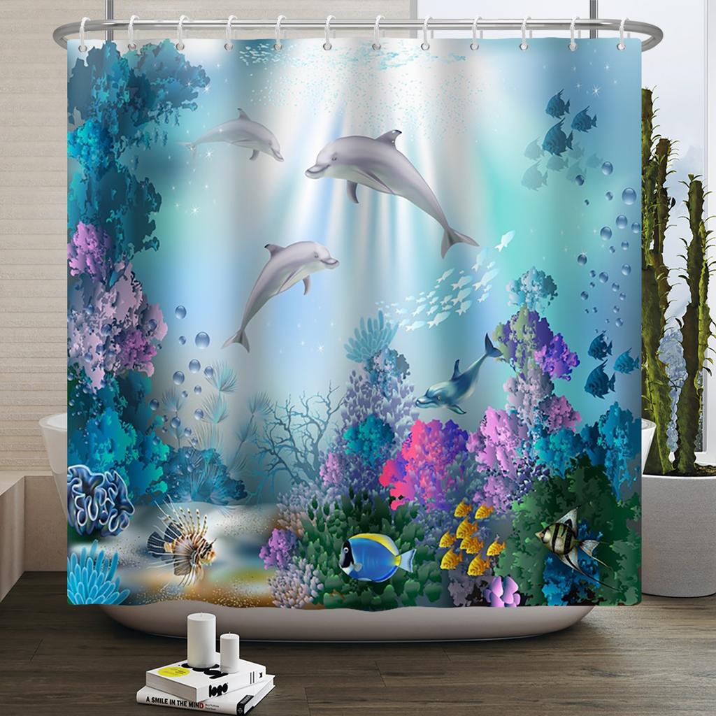 Underwater World Ocean Shower Curtain for Bathroom Seabed Animals Sea Turtle Dolphin Fish Waterproof Bathroom Curtain With Hooks